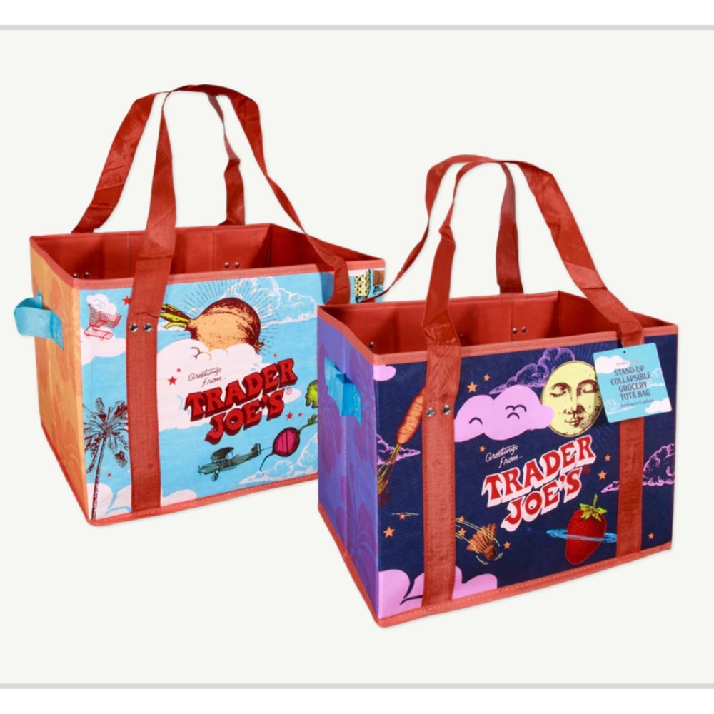 Set of 2 Trader Joes Collapsible Bags: sturdy bags with hard sides and bottom.